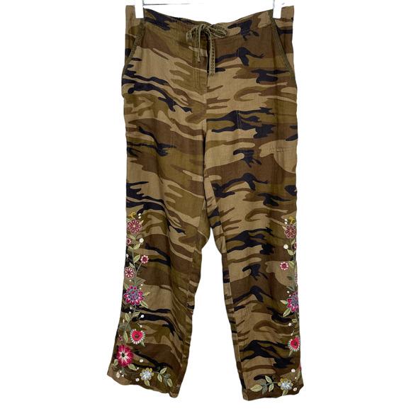 Johnny Was Pants - Johnny Was Hulda Pants Small Camo Floral Embroidered Linen Ankle Boho Casual